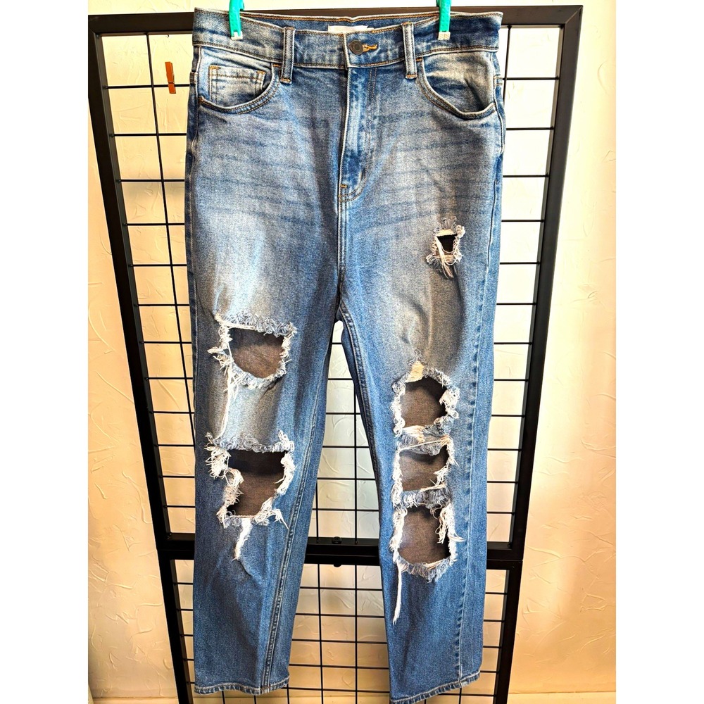 CELLO Women's Skinny Blue Denim Jeans Medium Wash Distressed Stretch 5-Pocket